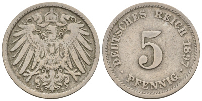 Германия 5 пфеннигов 1897 D, KM 11, J. 12 медно-никель 220-639