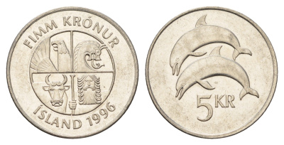 Исландия 5 крон 1996 дельфины KM 28a сталь плакированная никелем UNC 4586-142