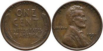 США 1 цент 1951 D, Линкольн KM А132 медь цинк 4608-955