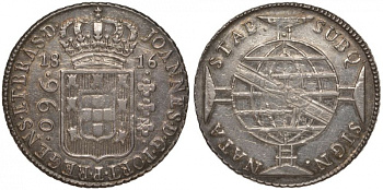 Бразилия 960 рейс 1816 монетный двор не прочеканен, перечекан, патина, Жоао принц-регент (1799-1818) KM 307 серебро 00-814-67