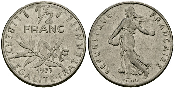 Франция 1/2 франка 1977 сеятель KM 931 никель 4135-723