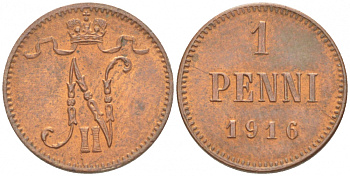 РОССИЯ ДЛЯ ФИНЛЯНДИИ 1 ПЕННИ 1916 НИКОЛАЙ II (1895-1917) KM 13, Биткин 476 медь 211-1036