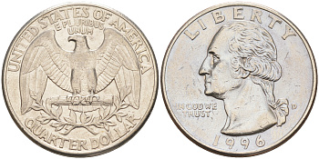США 25 центов (квотер) 1996 D, Вашингтон KM А164а медь плакированная медно-никелем 190-425