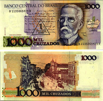 БРАЗИЛИЯ 1 КРУЗАДО НОВО 1989 НАДПЕЧАТКА НА 1000 КРУЗАДО, СЕРИЯ В 1135,МАЧАДО ДЕ АССИС Pick 216b бумага UNC (ПРЕСС) 7547-30-3-1