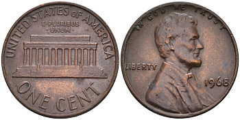 США 1 цент 1968 Линкольн KM 201 медь цинк 4580-412