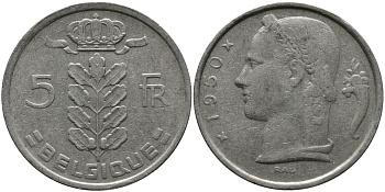 БЕЛЬГИЯ 5 ФРАНКОВ 1950 BELGIQUE KM 134.1 медно-никель 98-625