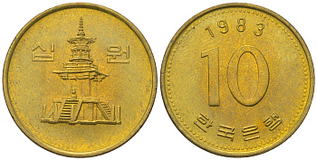 Южная Корея 10 вон 1983 пагода дворца Пул Гук KM 33.1 латунь  UNC  4187-1237