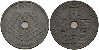 Бельгия 25 сантимов 1944 Belgie - Belgique, Леопольд III (1934-1947), германская оккупация, Вторая мировая война KM 132 цинк 4157-622