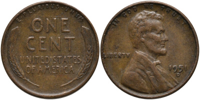 США 1 цент 1951 D, Линкольн KM А132 медь цинк 4608-955