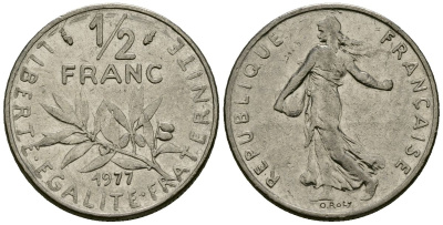 Франция 1/2 франка 1977 сеятель KM 931 никель 4135-723