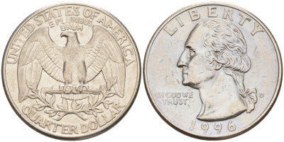 США 25 центов (квотер) 1996 D, Вашингтон KM А164а медь плакированная медно-никелем 190-425