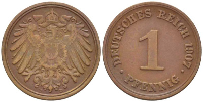 ГЕРМАНИЯ 1 ПФЕННИГ 1907 D KM 10, J. 10, Weege 2 медь 211-358