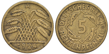 Германия 5 рентенпфеннигов 1924 A KM 32, J. 308 алюминиевая бронза 4602-741