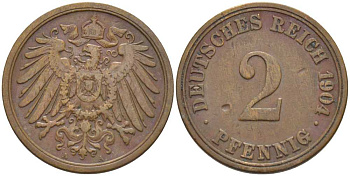 ГЕРМАНИЯ 2 ПФЕННИГА 1904 D KM 16, J. 11, Weege 4 медь 206-465