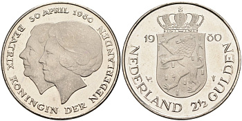 Нидерланды 2 1/2 гульдена 1980 коронация Беатрикс, 30 апреля 1980 KM 201 никель UNC 88-1122