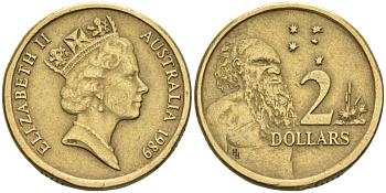 Австралия 2 доллара 1989 абориген, Елизавета II (1953-) KM 101 алюминиевая бронза 4126-1051