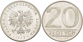 ПОЛЬША 20 ЗЛОТЫХ 1987 KM 153.1 медно-никель 77-452