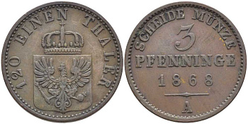 ПРУССИЯ 3 ПФЕННИГА 1868 А, ВИЛЬГЕЛЬМ I (1861-1888) KM 482 медь 117-1121