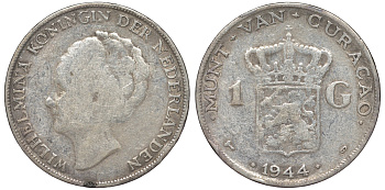 Нидерландское Кюрасао 1 гульден 1944 D, Вильгельмина (1890-1948) KM 45 серебро 36-514