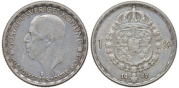 Швеция 1 крона 1947 TS, Густав V (1907-1950) KM 814 серебро 4178-716