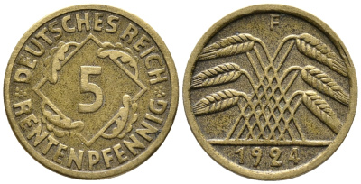 ГЕРМАНИЯ 5 РЕНТЕНПФЕННИГОВ 1924 A KM 32, J. 308 алюминиевая бронза 39-441