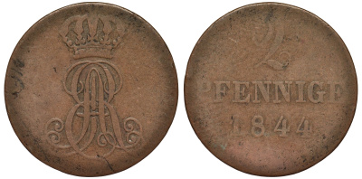 Ганновер 2 пфеннига 1844 A, Эрнст Август (1837-1851) KM 174.1, AKS 122, J. 55 медь 75-1755