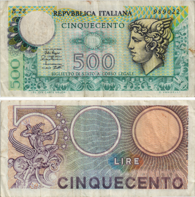 Италия 500 лир 1979 Меркурий Pick 94 бумага 8564-16-4-1