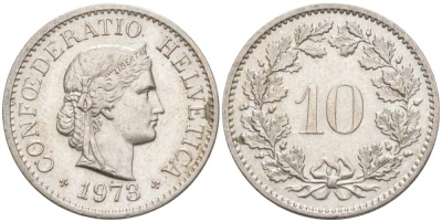 Швейцария 10 раппенов 1973 KM 27 медно-никель 55-443