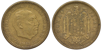 Испания 1 песета 1953 (58) Франциско Франко KM 775 алюминиевая бронза 4163-117