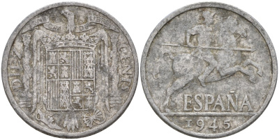 Испания 10 сентимо 1945 Франсиско Франко (1939 - 1975) KM 766 алюминий 4155-231