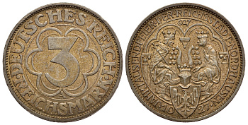 Германия 3 марки 1927 A, 1000 летие основания Нордхаузена J. 327, KM 52 серебро 00-812-27