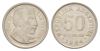 Аргентина 50 сентаво 1954 генерал Хосе де Сан Мартин KM 49 сталь плакированная никелем 4153-534