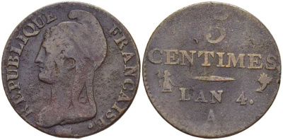 ФРАНЦИЯ 5 САНТИМОВ 1795 А, ДИРЕКТОРИЯ (1795-1799) LAN 4 KM 635.1 (С131.1) бронза 117-847