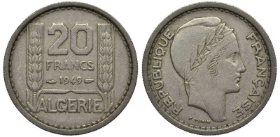 Алжир, Французский 20 франков 1949  KM 91 медно-никель 27-751