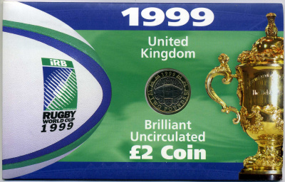 Великобритания 2 фунта 1999 Елизавета II (1952-2022), Чемпионат мира по регби, в оригинальном картонном буклете KM 999, Spink 4571 (K10) биметалл BUNC 3-4-4-45