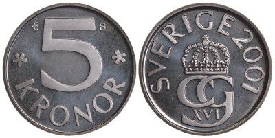 Швеция 5 крон 2001 B, Карл XVI Густав (1973- ) KM 853a медно-никель PROOFLIKE 59-232