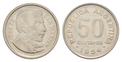 Аргентина 50 сентаво 1954 генерал Хосе де Сан Мартин KM 49 сталь плакированная никелем 4153-534