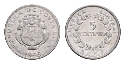 Коста-Рика 5 сентимо 1953 KM 184.1a нержавеющая сталь UNC 4644-319