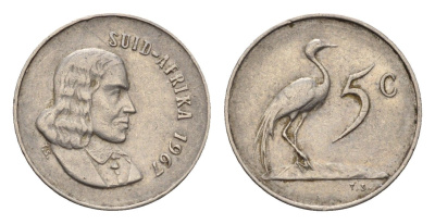 ЮАР 5 центов 1967 Ян ван Рибек (1619-1677), Suid Africa, легенда на африкаанс, райский журавль KM 67.2 медно-никель 4694-424
