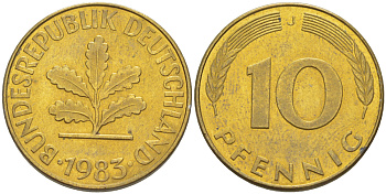 ФРГ 10 ПФЕННИГОВ 1983 J KM 108, J. 383 сталь плакированная латунью 4182-935