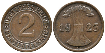 ГЕРМАНИЯ 2 РЕНТЕНПФЕННИГА 1923 G KM 31, J. 307 бронза 24-412