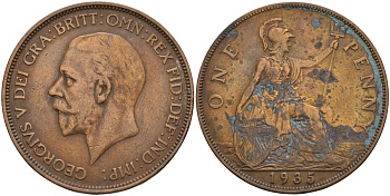 Великобритания 1 пенни 1935 Георг V (1910-1936) КМ 838, Spink 4055 бронза 4144-515