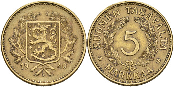 ФИНЛЯНДИЯ 5 МАРОК 1940 S KM 31 алюминиевая бронза 4563-352