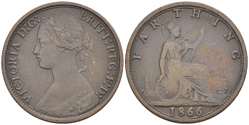 Великобритания 1 фартинг 1866 Виктория (1837-1901) KM 747.2, Spink 3958 бронза 4543-846