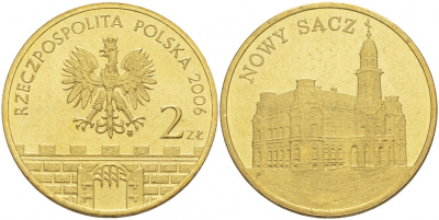 Польша 2 злотых 2006 MW, серия польские города, Новы-Сонч (NOWY SAGZ) KM 573 латунь UNC 69-1045