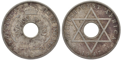 Британская Западная Африка 1/2 пенни 1947 H, Георг VI KM 18 медно-никель 25-1522