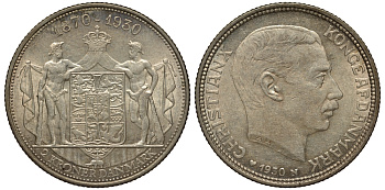 Дания 2 кроны 1930 N; AH, 60 лет королю Кристиану X (1870-1930) KM 829 серебро 1531-111