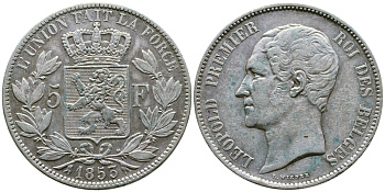 Бельгия 5 франков 1853 Леопольд I (1831-1865) KM 17 серебро 00-1067-5-61