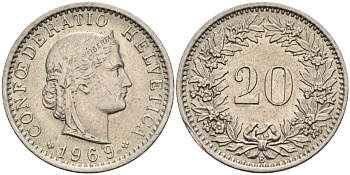 Швейцария 20 раппенов 1969 KM 29а медно-никель 4584-511