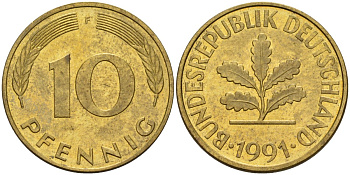 ФРГ 10 пфеннигов 1991 F KM 108, J. 383 сталь плакированная латунью 4175-1043